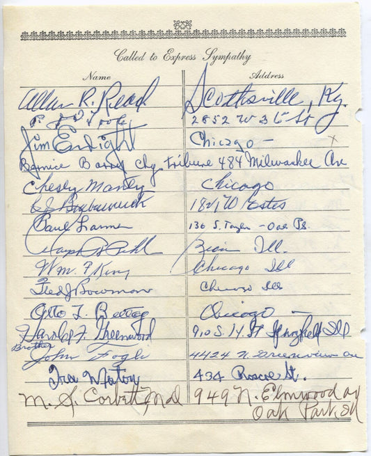 Jim Enright multi-signed 1955 Arch Ward Funeral Guest Book Page