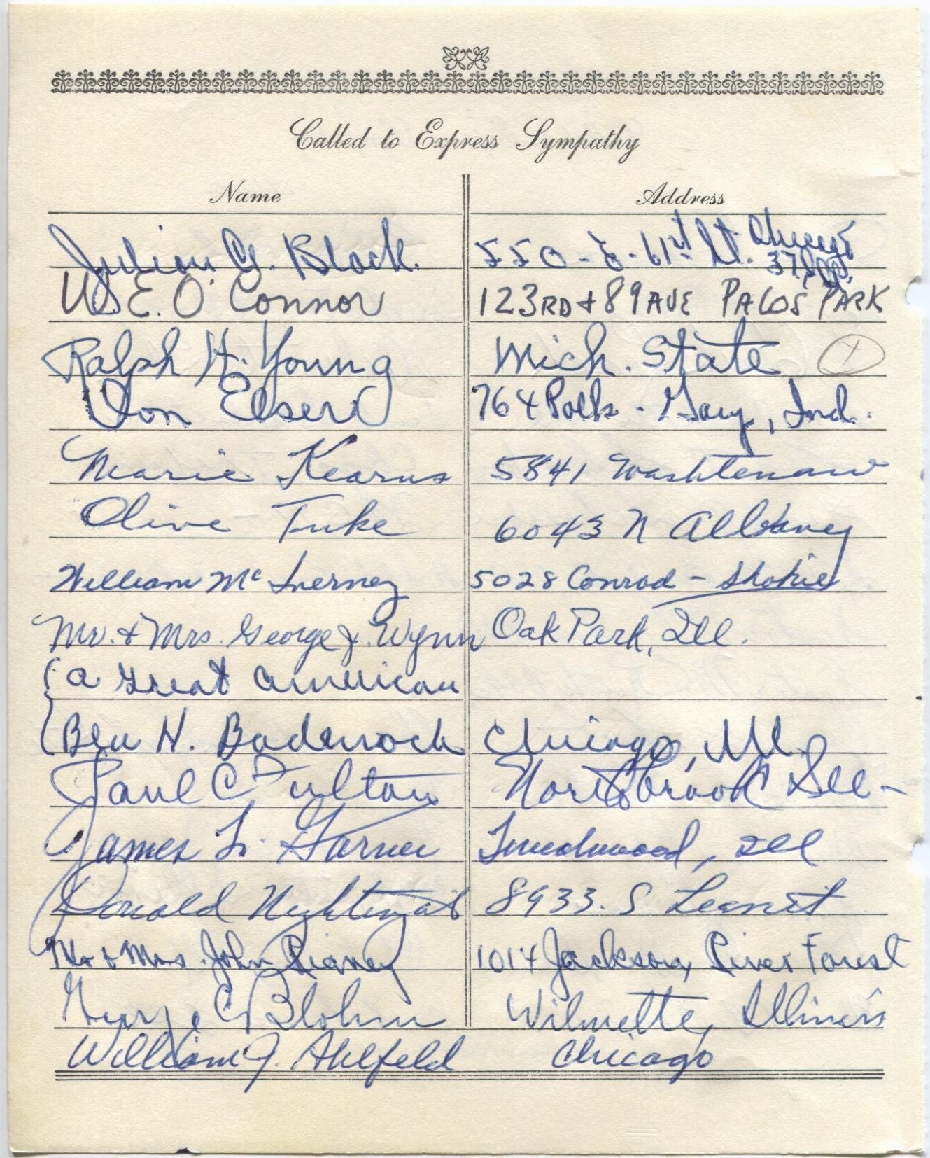 Ralph H. Young multi-signed 1955 Arch Ward Funeral Guest Book Page