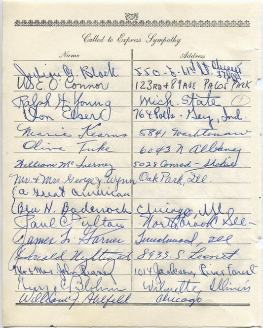 Ralph H. Young multi-signed 1955 Arch Ward Funeral Guest Book Page