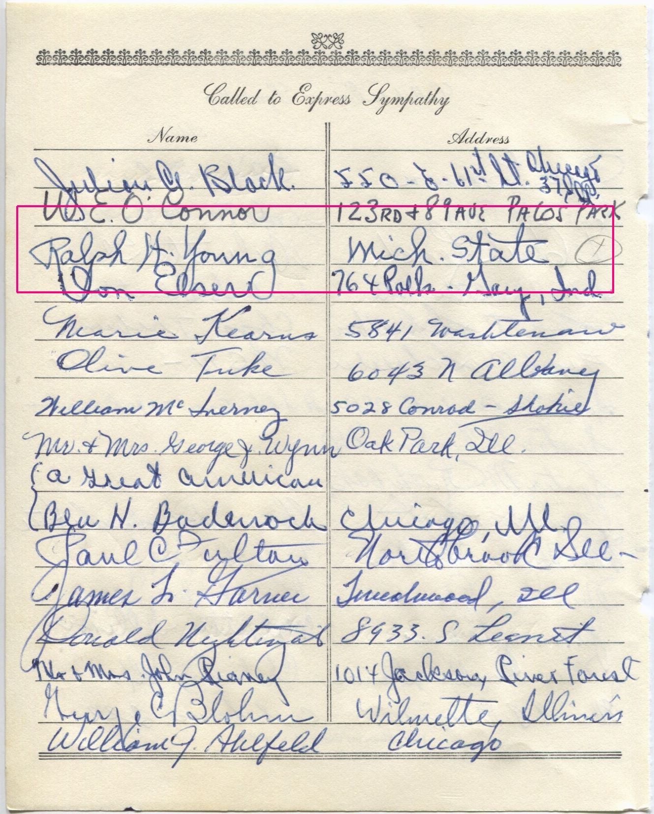 Ralph H. Young multi-signed 1955 Arch Ward Funeral Guest Book Page