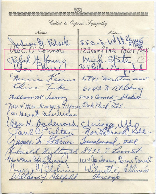 Ralph H. Young multi-signed 1955 Arch Ward Funeral Guest Book Page