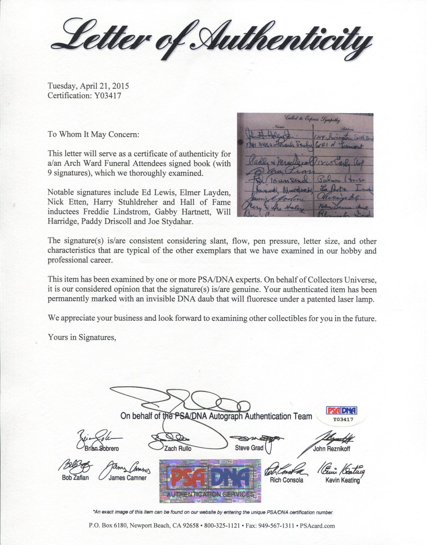 Ralph H. Young multi-signed 1955 Arch Ward Funeral Guest Book Page