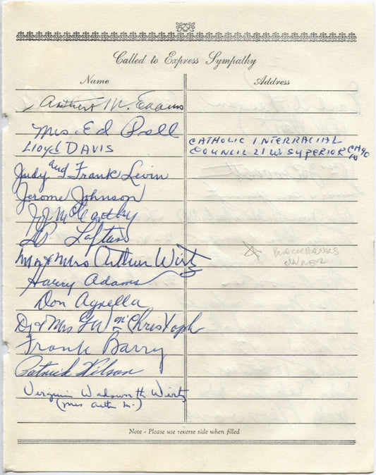 Arthur Wirtz multi-signed 1955 Arch Ward Funeral Guest Book Page