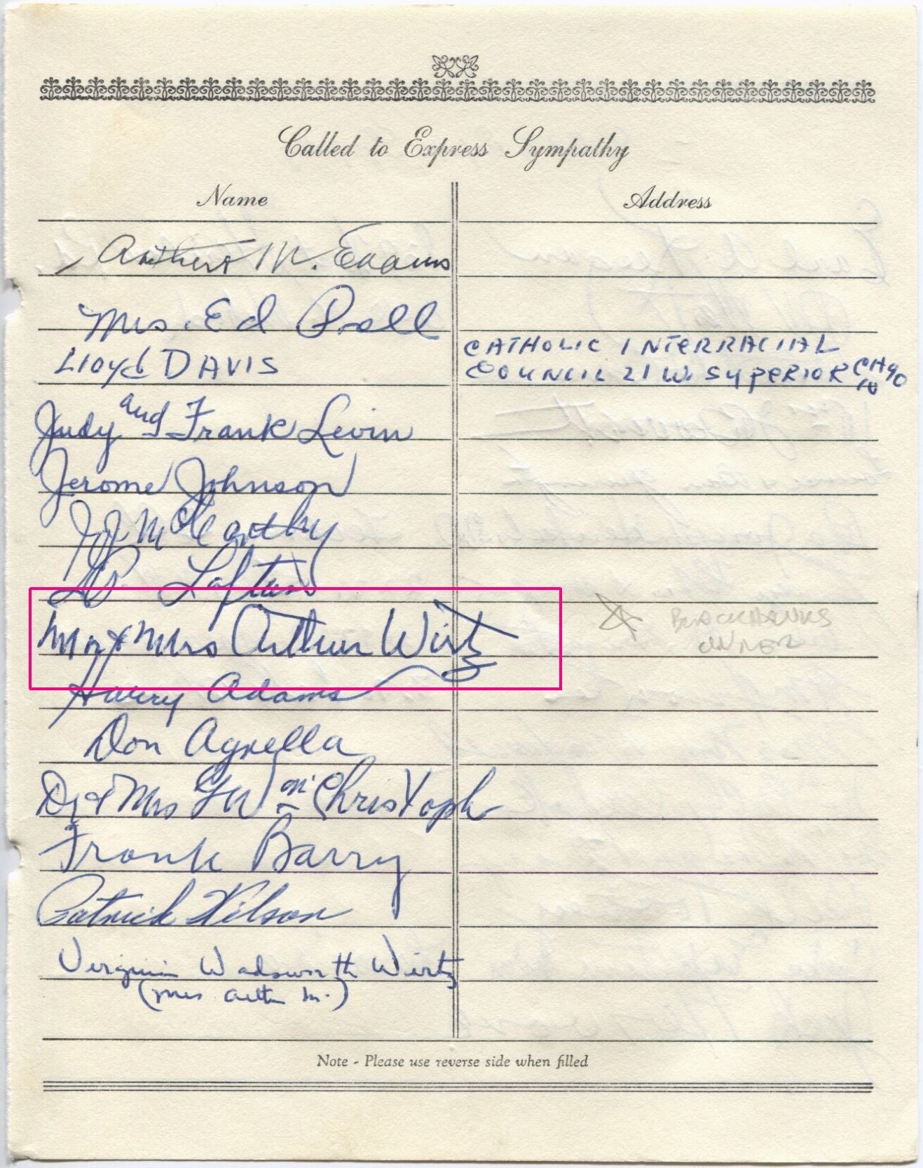 Arthur Wirtz multi-signed 1955 Arch Ward Funeral Guest Book Page