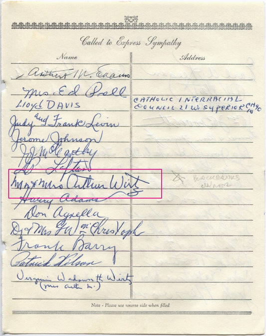 Arthur Wirtz multi-signed 1955 Arch Ward Funeral Guest Book Page