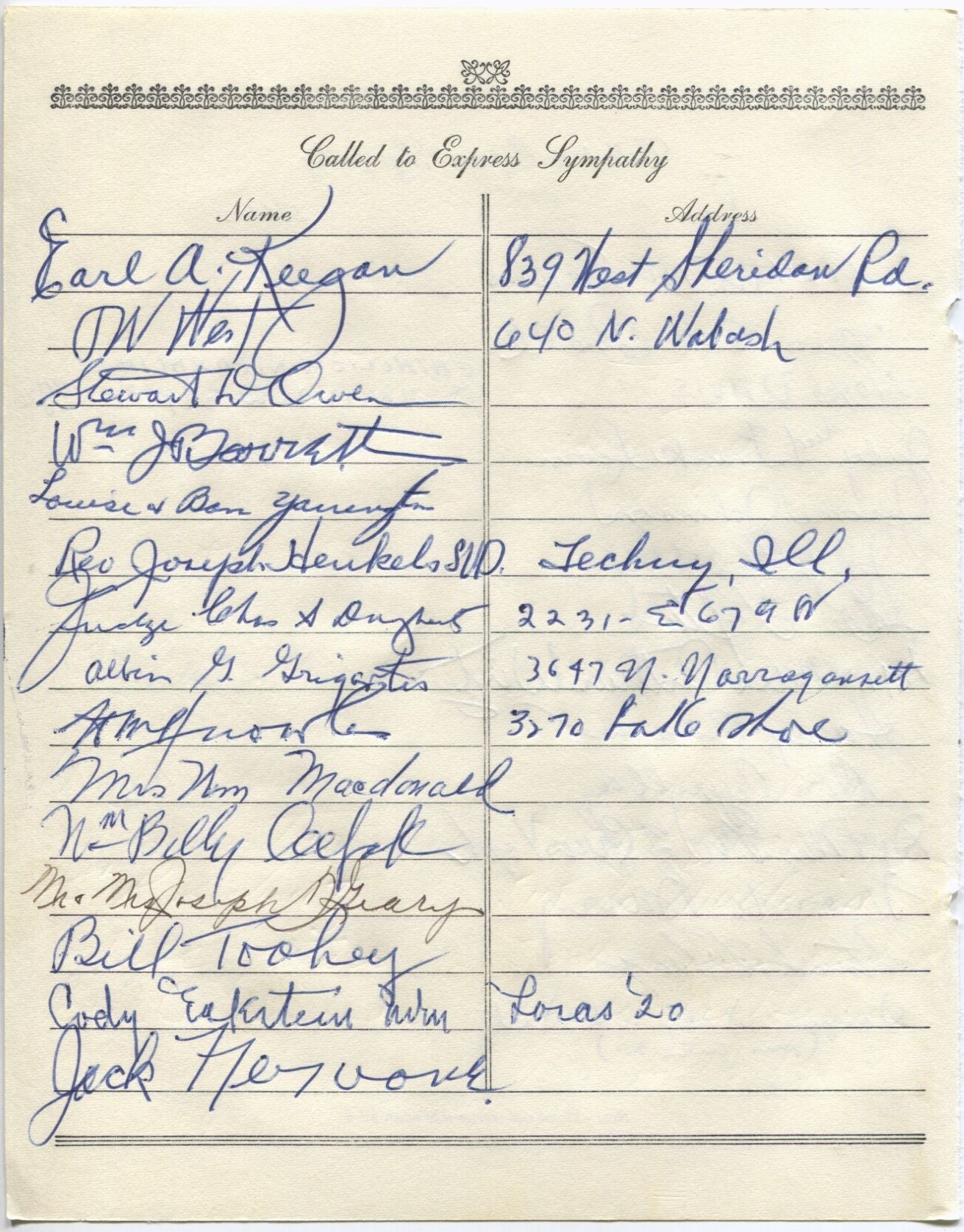 Arthur Wirtz multi-signed 1955 Arch Ward Funeral Guest Book Page