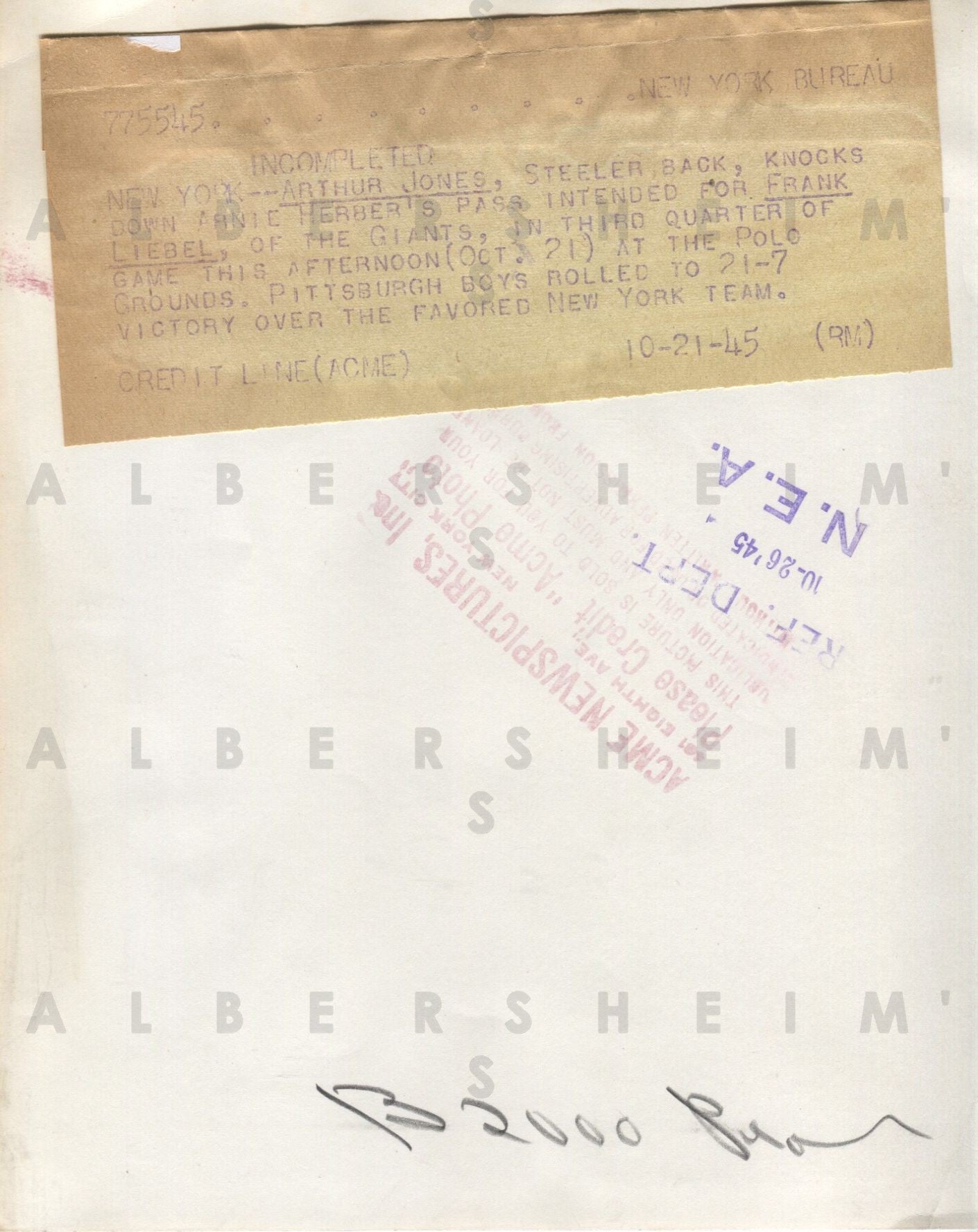 Steelers Giants Action Shot - Arnie Herber's pass Deflected 1945 Original Photo