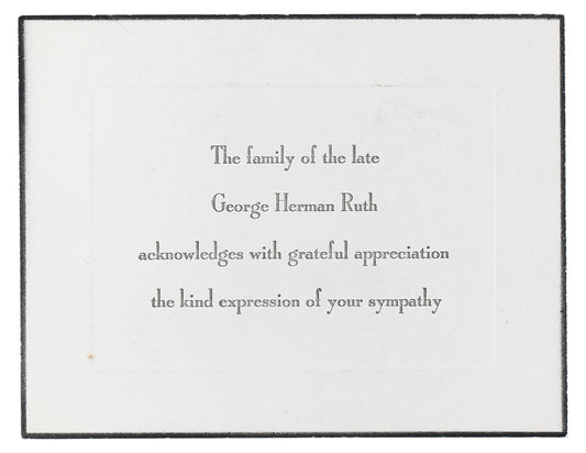 1948 Babe Ruth Family Sympathy Appreciation Card Sent to Mourners