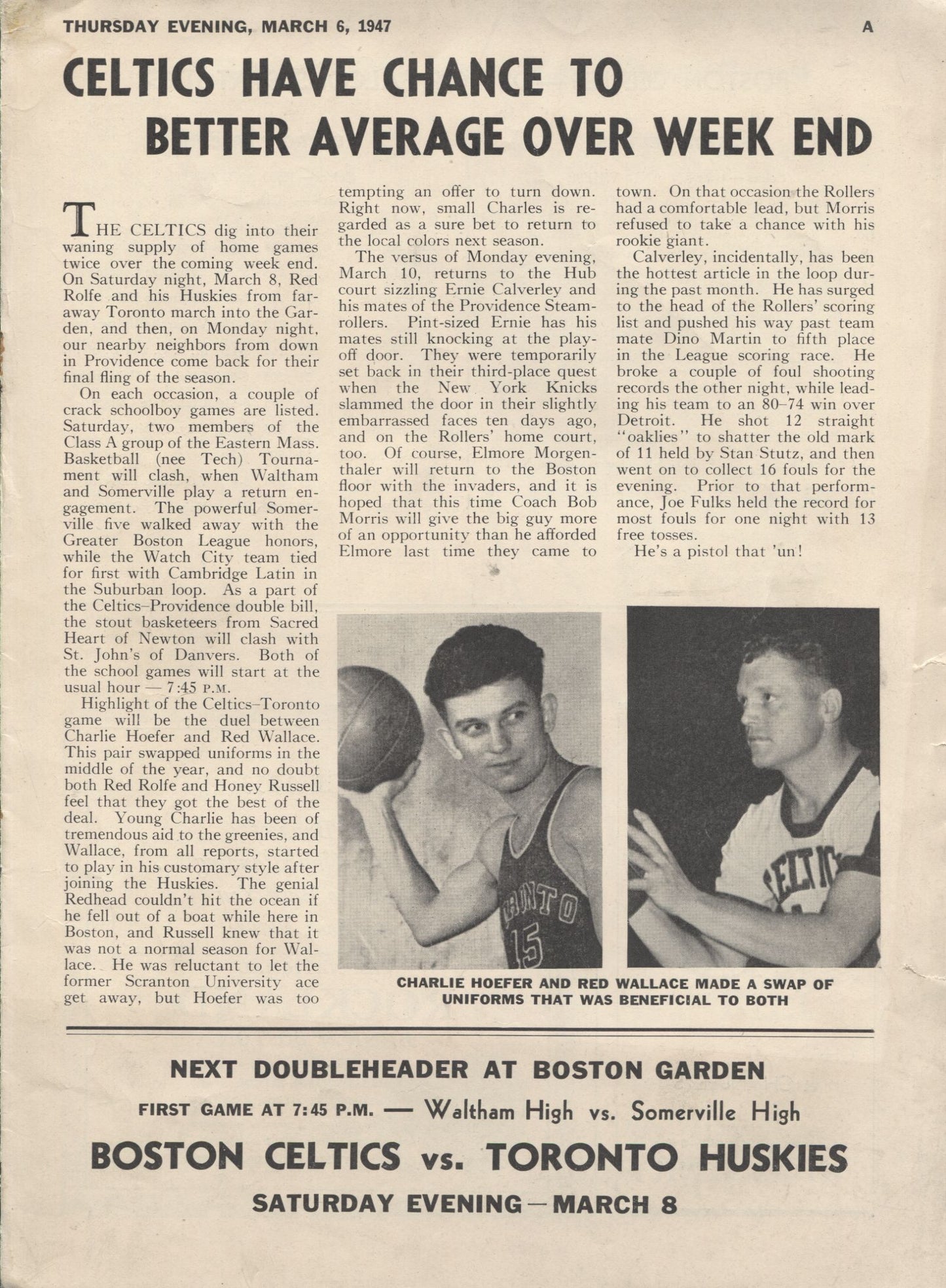 Boston Celtics vs. Detroit Falcons First 1st Year NBA basketball program March 6, 1947