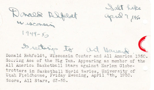 Don Rehfeldt Signed album page Wisconsin - Bullets - Hawks Basketball D. 1980