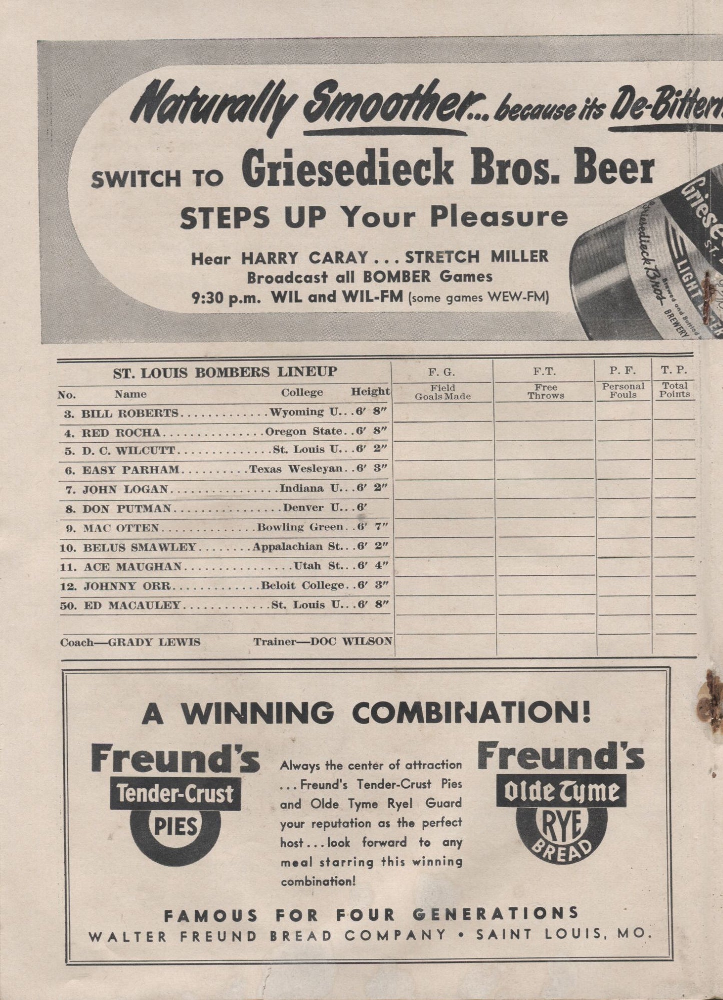 1949 St. Louis Bombers vs. Boston Celtics NBA Basketball program