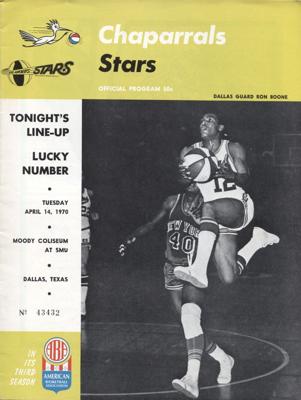 April 14, 1970 Dallas Chaparrals vs. L.A. Stars ABA Basketball program - Last Home Game
