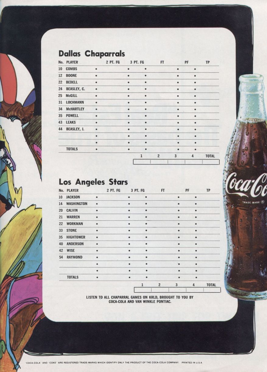 April 14, 1970 Dallas Chaparrals vs. L.A. Stars ABA Basketball program - Last Home Game