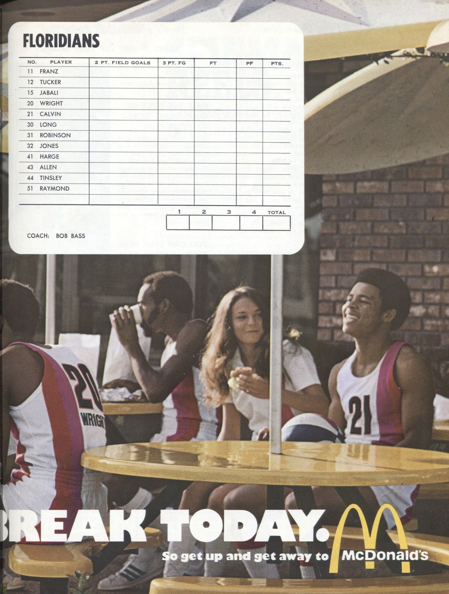 1971 Miami Floridans vs Indiana Pacers ABA basketball program with Ticket Stub