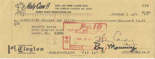 Harry Caray Signed Holy Cow Check Chicago Cubs Cardinals Baseball HOF