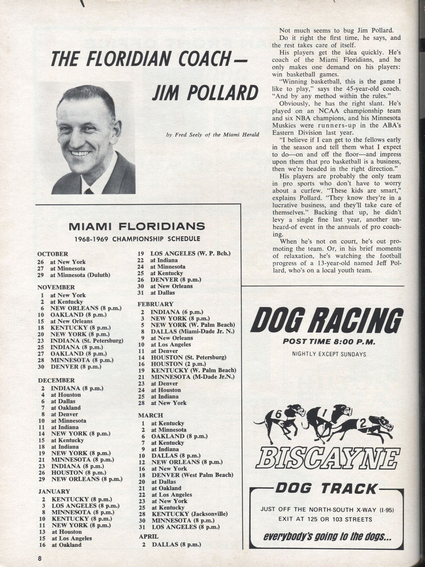 1968-69 Miami Floridians vs Kentucky Colonels ABA Basketball Program November 18, 1968 - Low Attendance