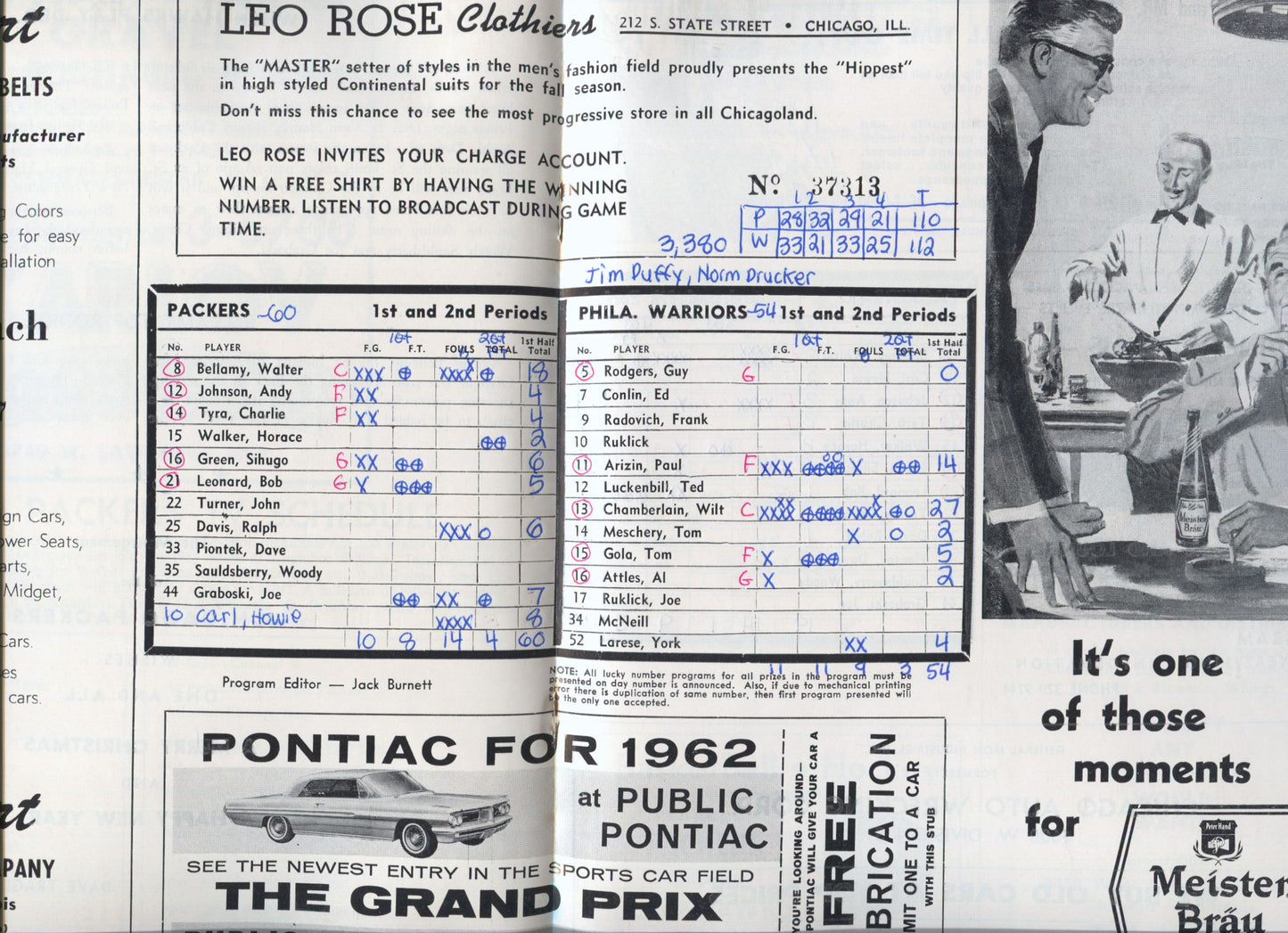 1961 Chicago Packers vs Warriors NBA basketball program - Wilt Chamberlain 50 Points