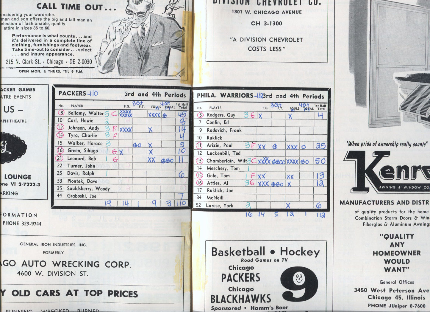 1961 Chicago Packers vs Warriors NBA basketball program - Wilt Chamberlain 50 Points