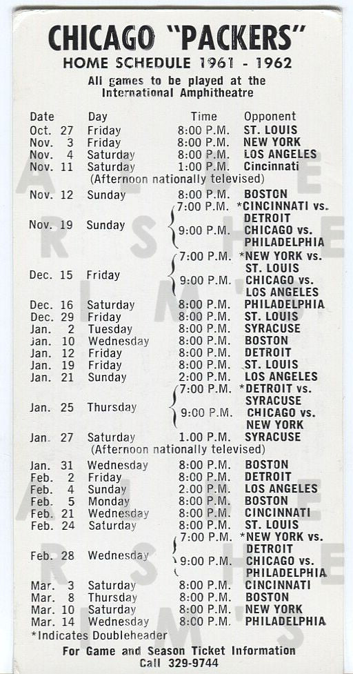 1961-62 Chicago Packers 1 Year NBA basketball team Original Schedule