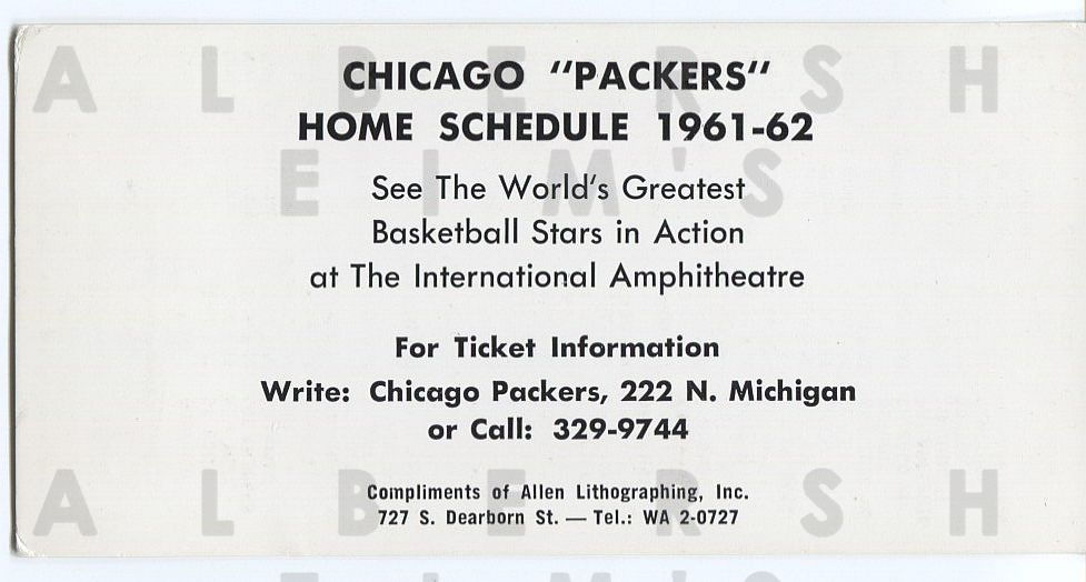 1961-62 Chicago Packers 1 Year NBA basketball team Original Schedule