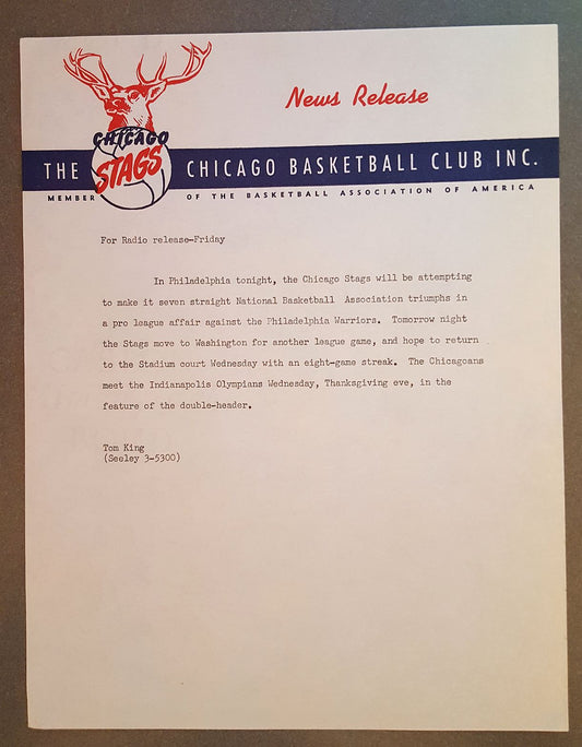1949-1950 Chicago Stags - Philadelphia Warriors - Press News Release - Letterhead - 1st Year NBA