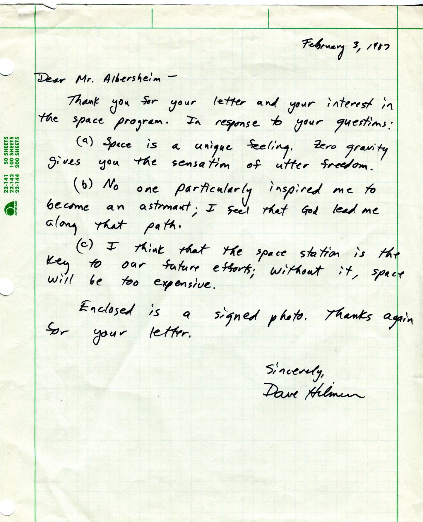 David Dave C Hilmers Signed Handwritten Letter NASA Astronaut