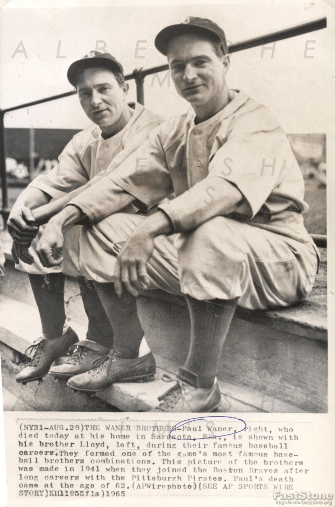 Lloyd & Paul Waner AP Wire Wire Photo - Pittsburgh Pirates