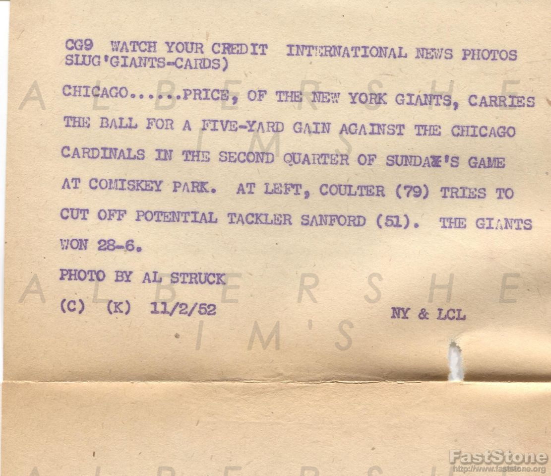 1952 NY Giants vs Chicago Cardinals NFL football Original TYPE I photo