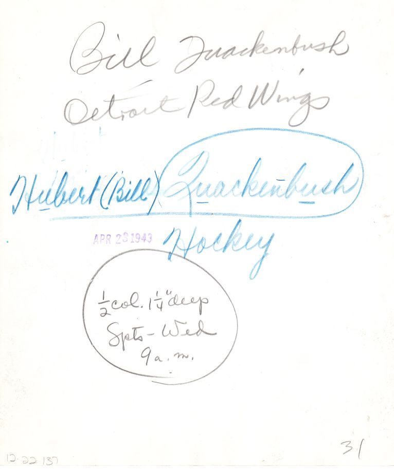 Hockey HOFer -Detroit Redwings Bill Quackenbush 1943 original photo