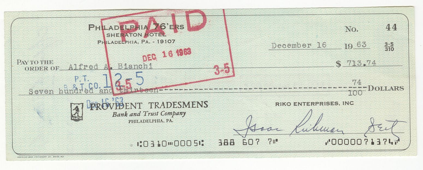 Al Bianchi - Ike Richman signed AUTO 1963 Philadelphia 76ers payroll check – Inaugural Season BAS