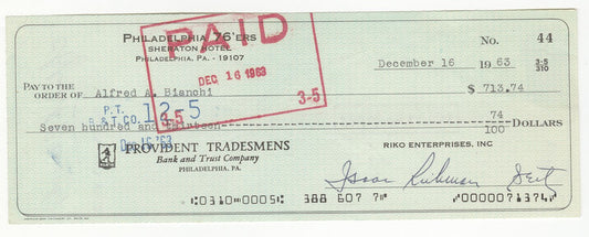 Al Bianchi - Ike Richman signed AUTO 1963 Philadelphia 76ers payroll check – Inaugural Season BAS