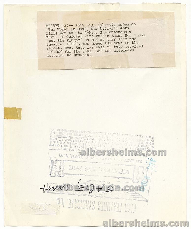 1941 Anna Sage “The Woman In Red” Double Crossed John Dillinger Original TYPE I Photo