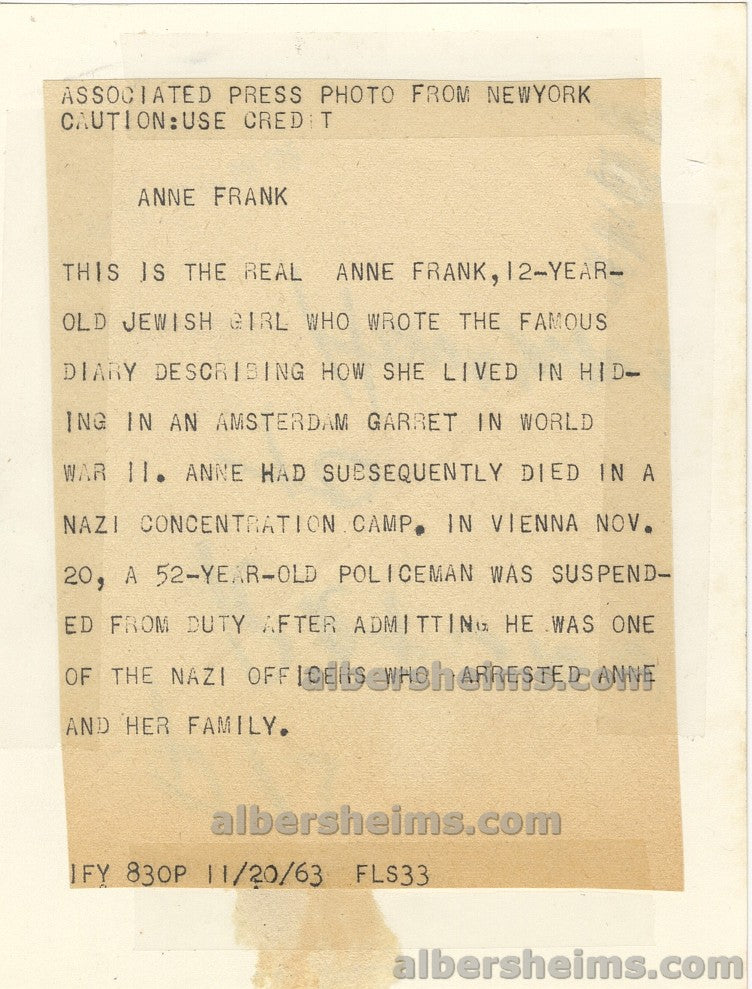 Circa 1942 Anne Frank WWII Holocaust Icon Who Hid from the Nazis Original 1963 Press Photo Judaica
