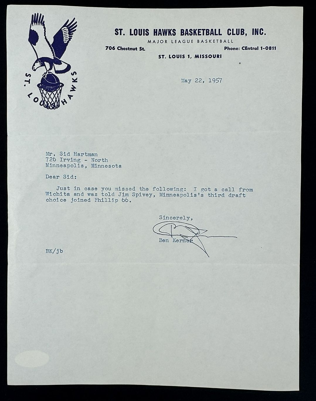 Ben Kerner St. Louis Hawks NBA Owner Signed AUTO Letter on Hawks NBA letterhead JSA COA