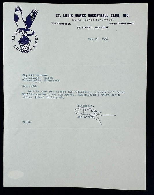 Ben Kerner St. Louis Hawks NBA Owner Signed AUTO Letter on Hawks NBA letterhead JSA COA