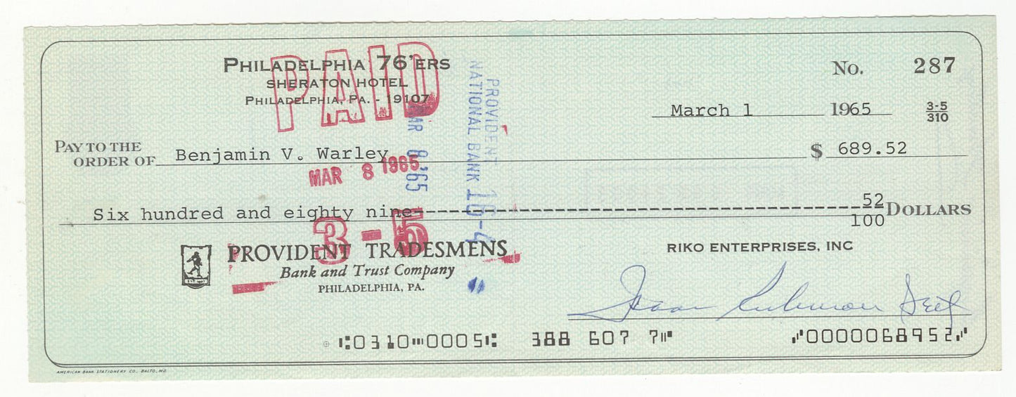 Ben Warley - Ike Richman Signed AUTO 1965 Philadelphia 76ers payroll check BAS