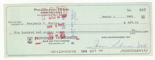 Ben Warley - Ike Richman Signed AUTO 1965 Philadelphia 76ers payroll check BAS