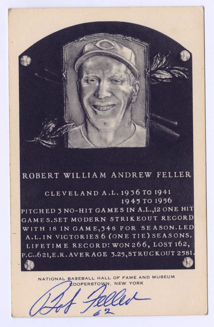 Bob Feller Signed AUTO B&W Baseball Hall of Fame Plaque Postcard Artvue