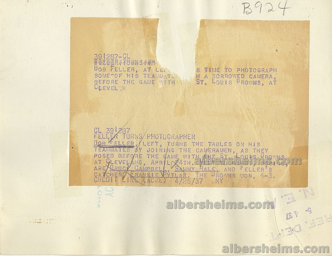 1937 Bob Feller Taking Photo of Cleveland Indians Teammates Campbell Hale and Pytlak Original TYPE I Photo