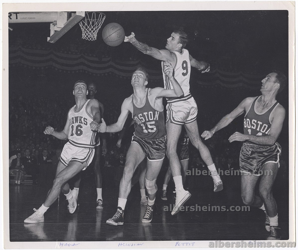 1962 Boston Celtics vs Hawks 4 Hall of Famers Battle in the Arena – Bob Cousy - Cliff Hagan -Tom Heinsohn & Bob Pettit Original TYPE I Photo
