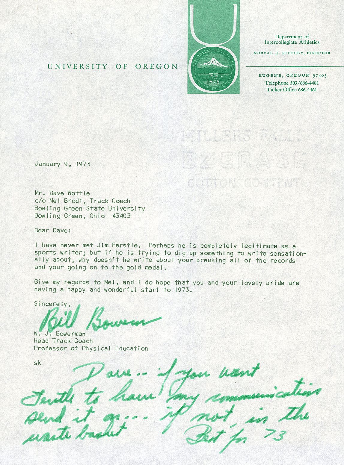 Bill Bowerman Co-Founder of Nike & Legendary Oregon Track Coach - Steve Prefontaine Signed AUTO Letter to Olympic Gold Medalist - Dave Wottle PSA/DNA LOA
