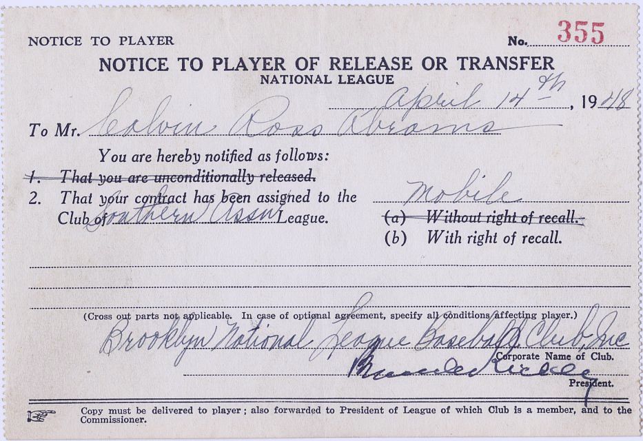 Branch Rickey Signed AUTO Historic Brooklyn Dodgers Cal Abrams Brooklyn Dodgers Player Transfer Notice JSA