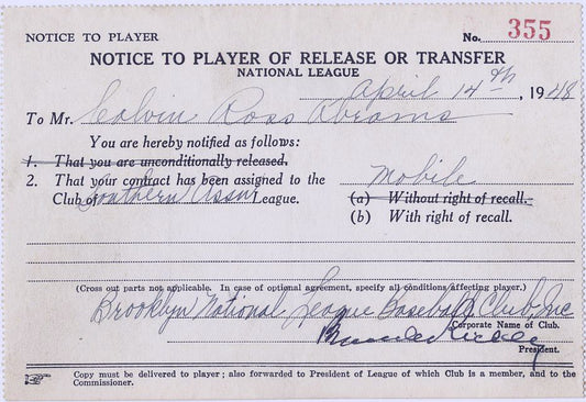 Branch Rickey Signed AUTO Historic Brooklyn Dodgers Cal Abrams Brooklyn Dodgers Player Transfer Notice JSA