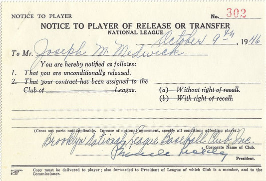 Branch Rickey Signed AUTO Historic Brooklyn Dodgers Release Document for HOFer Joe Medwick JSA LOA
