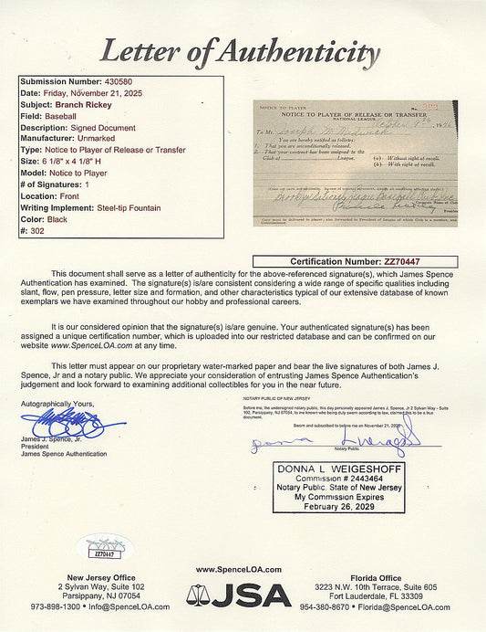 Branch Rickey Signed AUTO Historic Brooklyn Dodgers Release Document for HOFer Joe Medwick JSA LOA