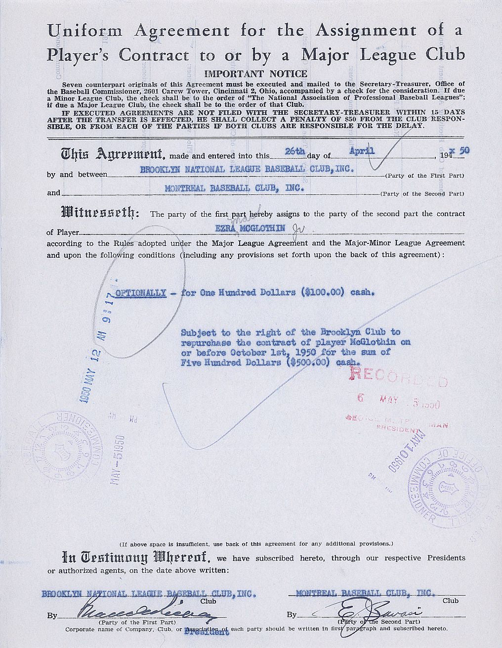 Branch Rickey & Buzzie Bavasi Brooklyn Dodgers Montreal Royals Signed AUTO Baseball Contract Agreement