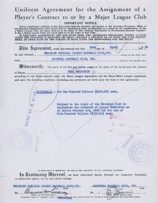 Branch Rickey & Buzzie Bavasi Brooklyn Dodgers Montreal Royals Signed AUTO Baseball Contract Agreement