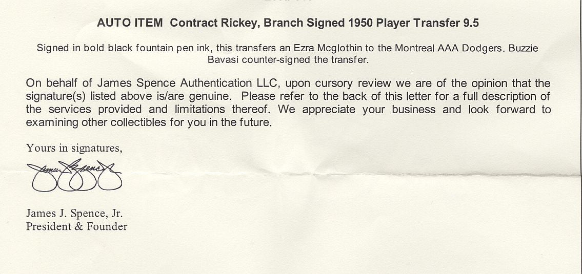 Branch Rickey & Buzzie Bavasi Brooklyn Dodgers Montreal Royals Signed AUTO Baseball Contract Agreement