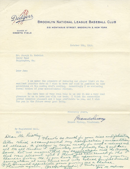 Branch Rickey Signed AUTO Historic Letter to Baseball HOFer Joe Medwick JSA LOA