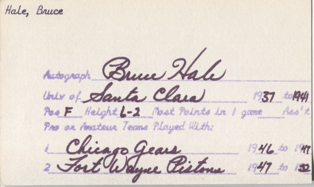 Bruce Hale signed 3x5 card - Chicago American Gears - Zollner Pistons